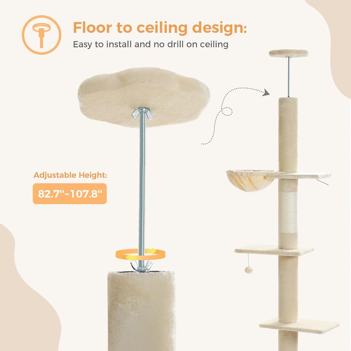 PEQULTI Floor to Ceiling Cat Tree, Tall Cat Tower, Adjustable Height (83''-108'') 5 Levels Climbing Tree for Indoor Cats with Cat Condo, Cozy Hammock and Scratching Post, Beige