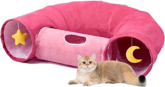 Cat Tunnel, Large Indoor Durable Collapsible Interactive Cat Tube with Peek-A-Boo Hole, Hanging Toys, and Crinkly Paper Lining - Cute Tunnel for Cats, Kittens, Puppies & Rabbits, Pink