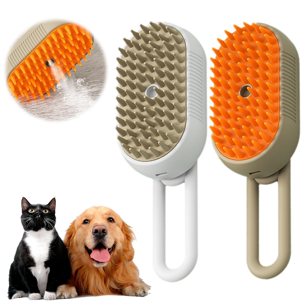 Upgrade Cat Steam Brush, 3 in 1 Pet Steam Groomer Brush, Rechargeable Pet Steam Groomer Comb for Massaging and Cleaning Shedding Pets Hair, Anti-Static Hair Removal Comb for Cats Dogs (Khaki+White)