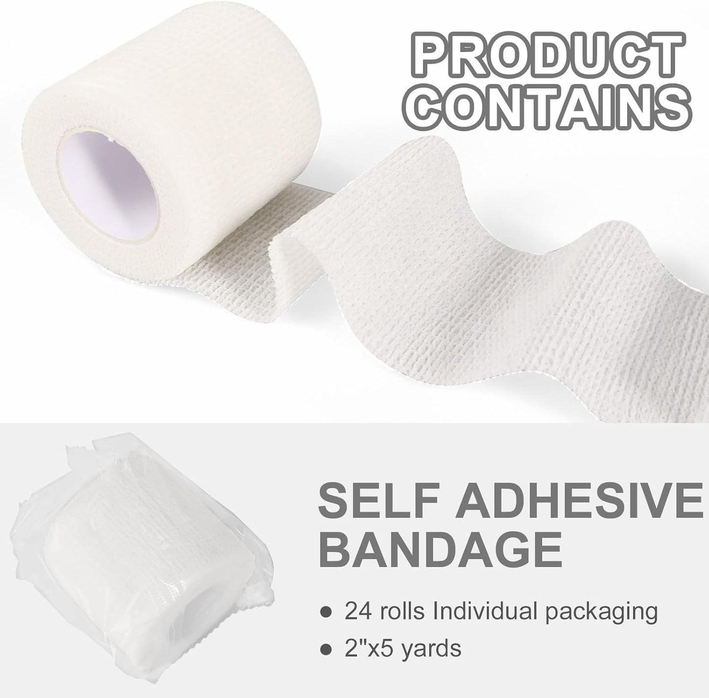 24 Pack Self Adhesive Bandage Wrap 2 Inch, White Medical Tape Elastic Cohesive Bandage Rolls Self Adherent, Self Sticking Tape First Aid Gauze for Sports, Leg, Knee, Ankle, Swelling, Wrist Sprains