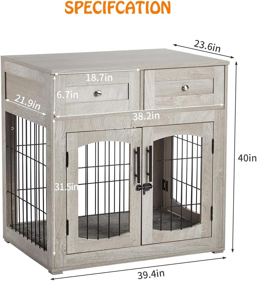 Dog Crate Furniture for Large Dogs, Wooden Dog Kennel Indoor with Double Doors, Dog Cage with Cushion & Drawers, Dog House Side End Table for Large Medium Dogs up to 70 lb, 39.4” L, Grey