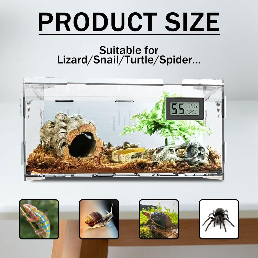 Reptile Terrariums, with Temperature Hygrometer, 15.7"x9.9"x7.1"Acrylic Reptile Breeding Box Terrarium Cage Tank for Small Reptile Insect Home Office