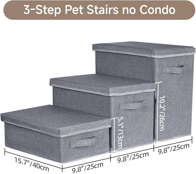 Pet Stairs with Storage, Pet Step for Small Dogs and Cats, 3-Step Folding Pet Steps with Zip, Cat Stairs Dog Steps for Bed, Couch and Car Ramp (Gray, 3 Steps no Condo)