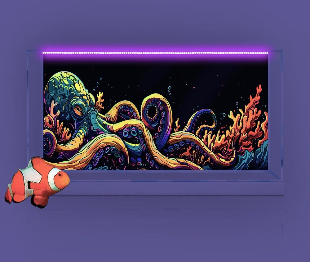 72X16IN Blacklight Octopus Sea Monster HD 3D Black Light Aquarium Background UV Reactive Background Terrarium Background with 10 EVA Double-Sided Tape