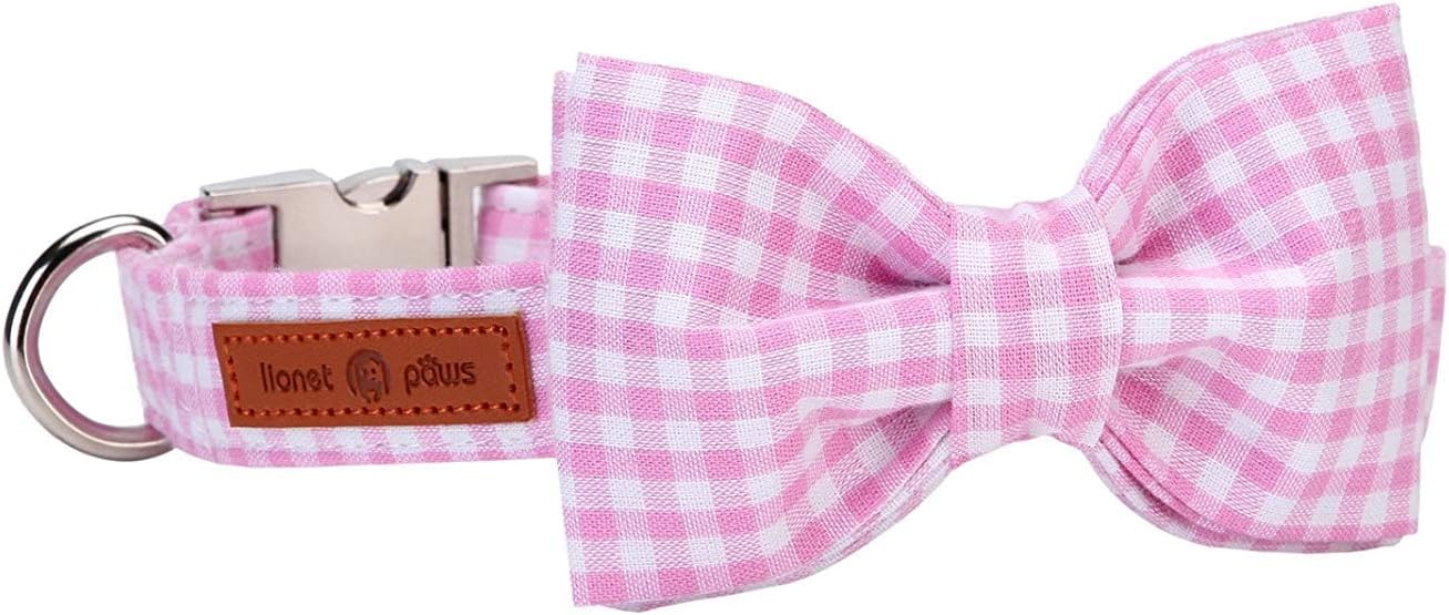 Lionet Paws Dog Collar with Bowtie, Comfortable Adjustable Cute Pink Gingham Bow Tie Collar for Female Puppies and Cats Gift, XXS, Neck 7-11 inches