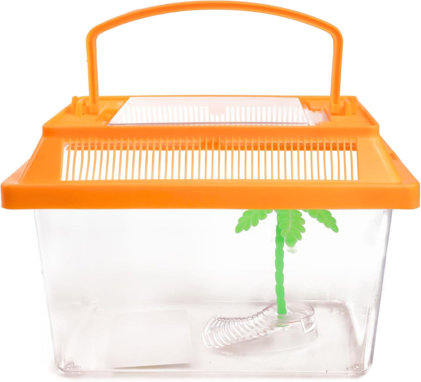 Needzo Mini Neon Plastic Reptile Carrier, Small Terrariums for Hermit Crabs, Lizards, and More with Palm Tree Accessory, Crab Hunting Supplies, Color May Vary, 7 Inches