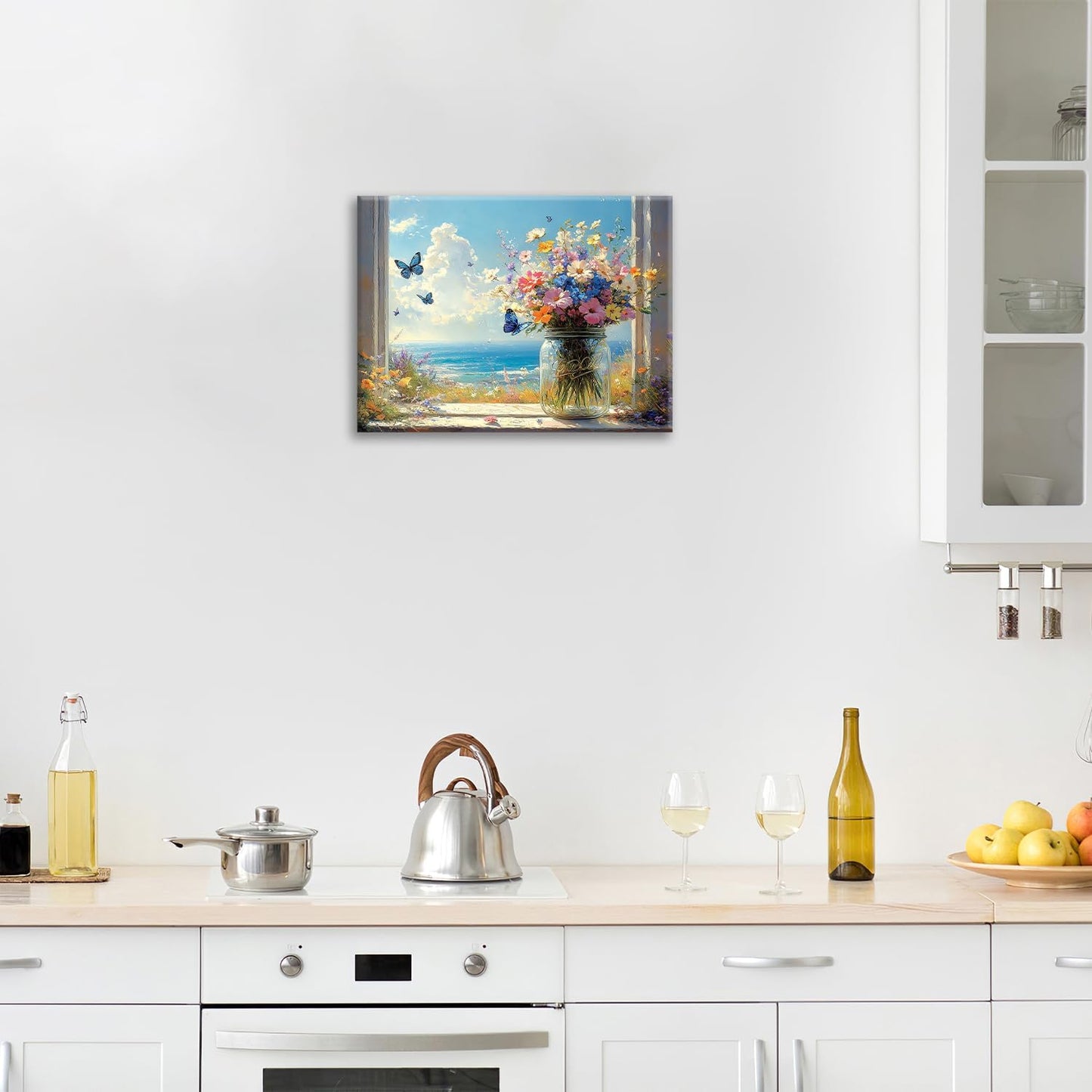 Beach Floral Bathroom Pictures Wall Art, Colorful Flower Bathroom Wall Decor, Coastal Ocean Framed Painting Canvas Artwork for Bedroom Living Room Decorations 16"L x 12"W