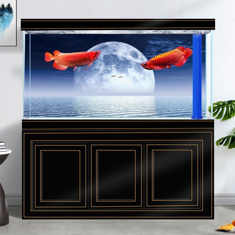 Moon Aquarium Background,Cool Sea Galaxy Parallel Space Themed Fish Tank Background, Cool Terrarium Background 36X18IN with 8 EVA Double-Sided Tape