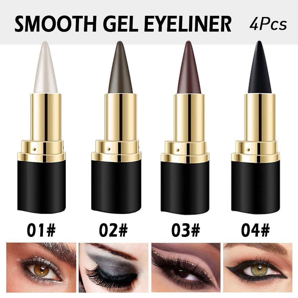 evpct 4Pcs Black Silver Grey Brown Gel Eyeliner Pencil Eye Face Paint Sticks Makeup Set, Natural Black Gel Eyeliner Cream Waterproof Crayon Pencils Applicator Tool