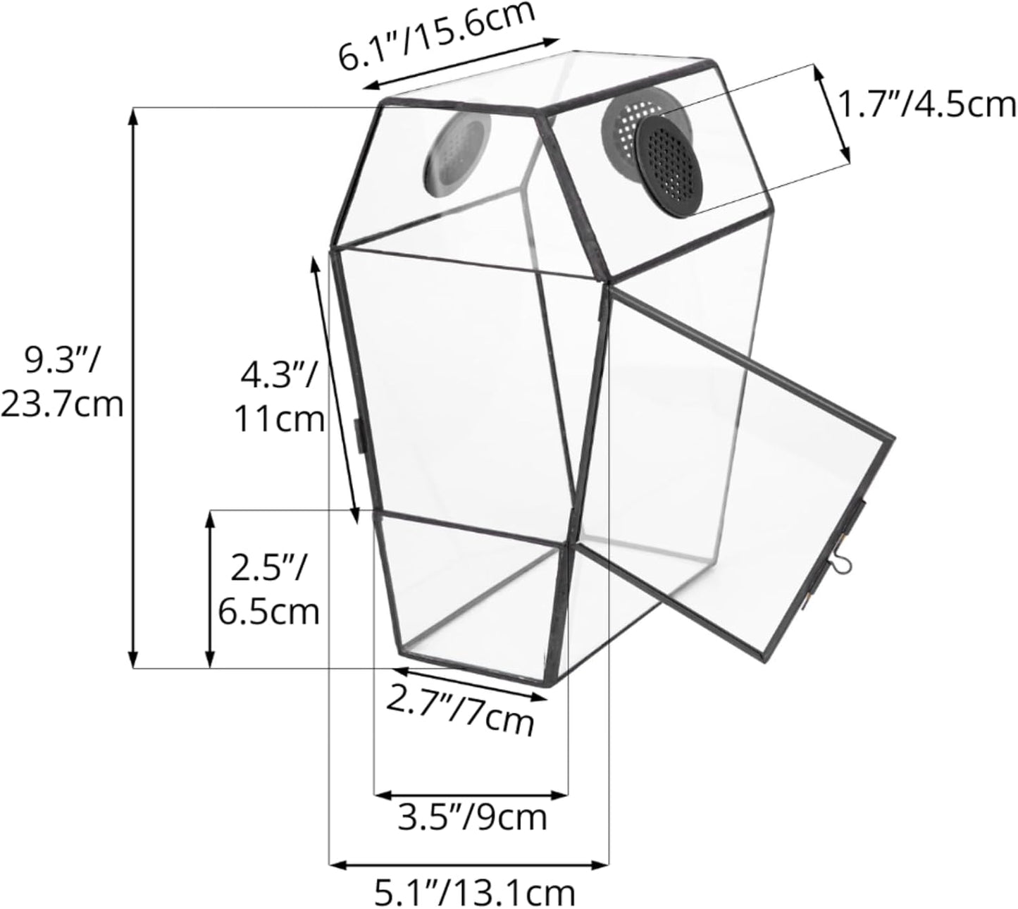 NCYP Gothic Glass Enclosure for Jumping Spider, Snails, Insects - Front Opening Door Geometric Cactus Plants Terrarium with Vent Holes, Indoor Tabletop Coffin Shape Decor, Black (Terrarium Only)