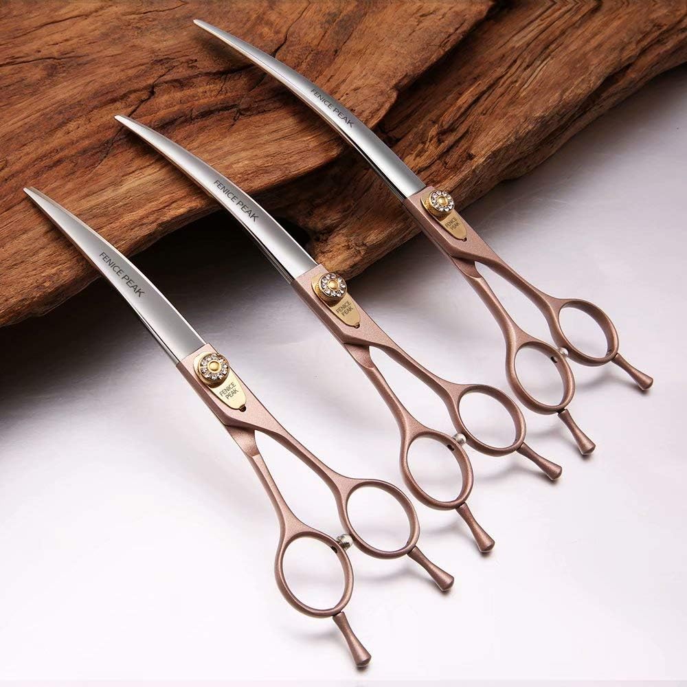 Fenice Peak Professional Curved Dog Grooming Scissors 7'' Rose Gold 440C Stainless Steel Pet Cutting Shears Safety Trimming Shearing for Dogs Cats