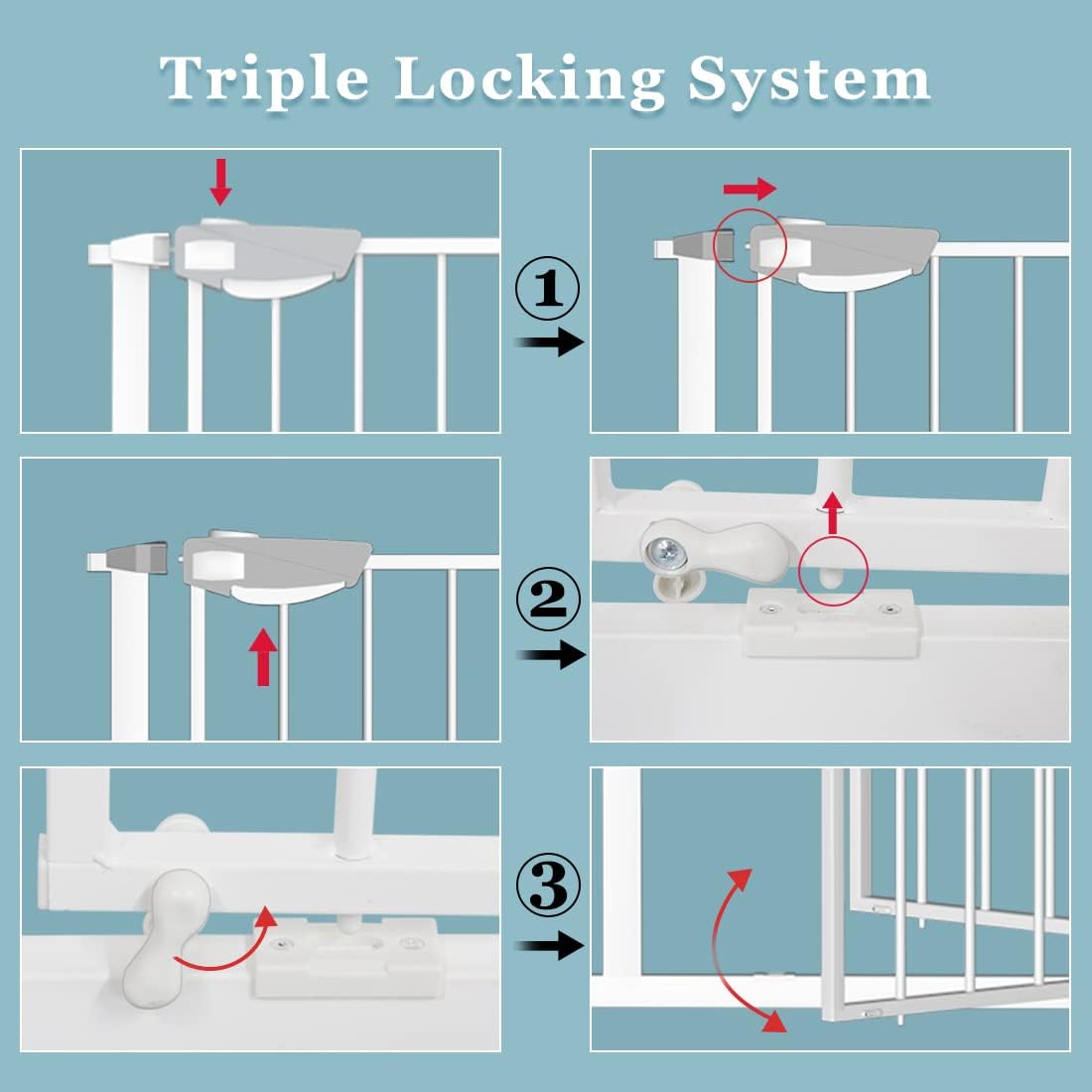 WAOWAO Triple Lock Baby Gate Extra Wide 57.87-62.59" Pressure Mounted Walk Through Swing Auto Close Safety White Metal Dog Pet Puppy Cat for Stairs,Doorways,Kitchen