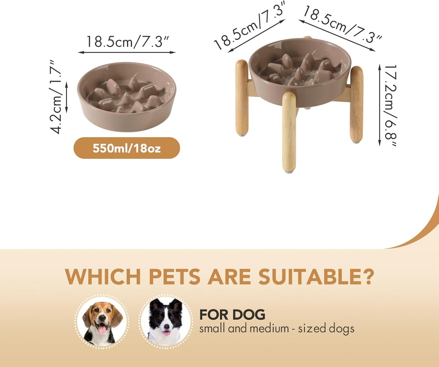 7.3inch Ceramic Dog Raised Slow Feeder Set, Elevated Bowl with Wooden Stand for Medium and Small Dog, Slow Feeder Dish for Fast Easters(Brown Coffee, Single Bowl+ Stand)