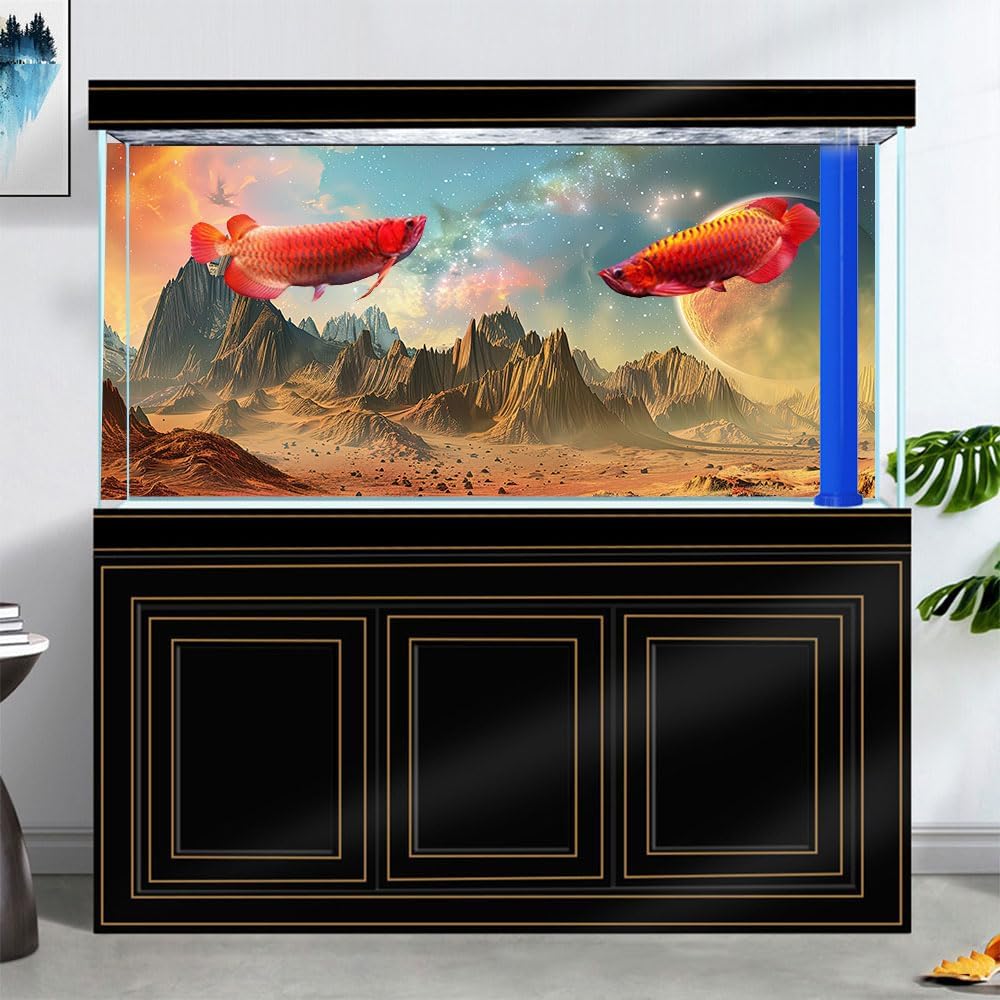 Cosmic Aquarium Background,Cool Galaxy Parallel Space Themed Fish Tank Background, Tropical Desert Terrarium Background 30X18IN with 8 EVA Double-Sided Tape