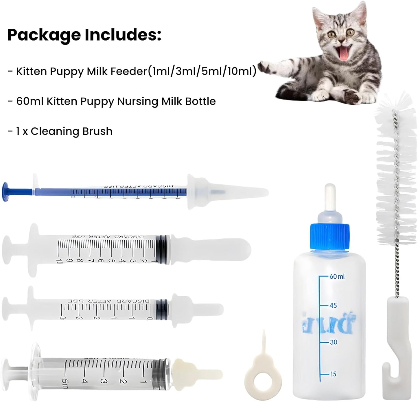 Kitten Bottle Feeding Kit 1ml 3ml 5ml 10ml 60ml - Kitten Puppy Milk Replacement Small Animals Waterer Feeder Newborn Puppy Bottles for Nursing