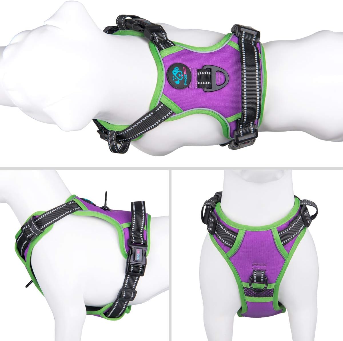 PHOEPET 2019 Reflective Dog Harness Large Breed Adjustable No Pull Vest with with Handle 2 Metal Rings 3 Buckles [Easy to Put on & Take Off](XL, Purple)