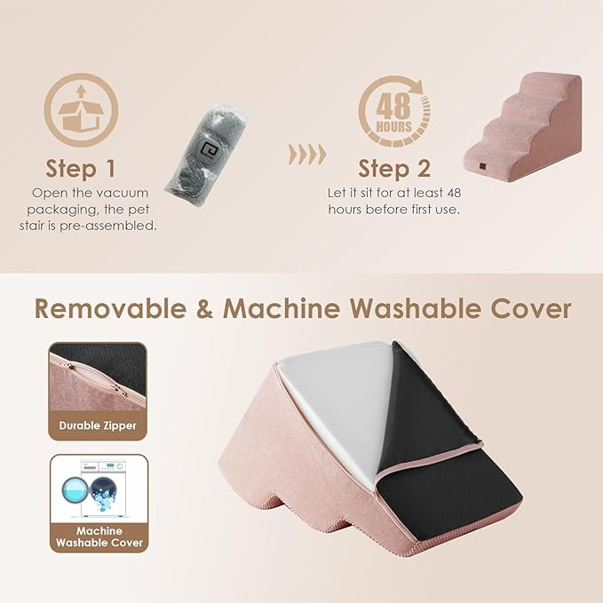 EHEYCIGA Curved Dog Stairs Ramp for High Beds 19.7" H, 4-Step Dog Steps for Small Dogs and Cats, Pet Stairs for High Bed Climbing, Non-Slip Balanced Pet Step Indoor, Dusty Pink