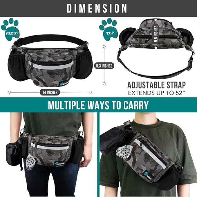 PetAmi Dog Fanny Pack, Treat Pouch for Dog Walking, Training, Built in Poop Bag Dispenser, Water Bottle Holder, Collapsible Bowl, Pet Treat Waist Belt for Hiking, Running, Kibbles (Camo Black)
