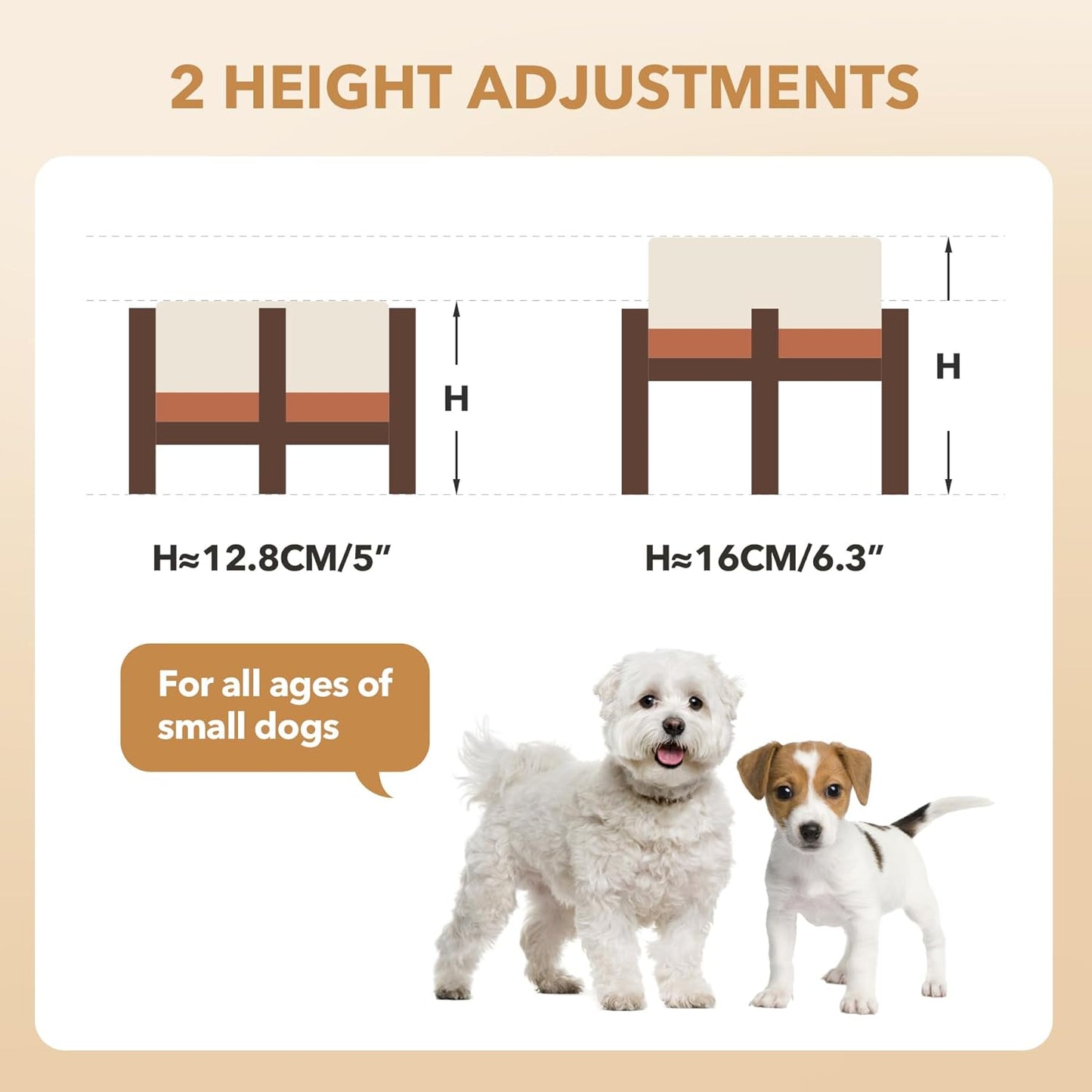 Ceramic 6.1inch Raised Dog and Cat Bowl Set, 2 Heights Elevated Wooden Stand for Small Breed Dogs, Weighted Pet Food and Water Dishes(6.1'',28.7oz, Vanilla White)