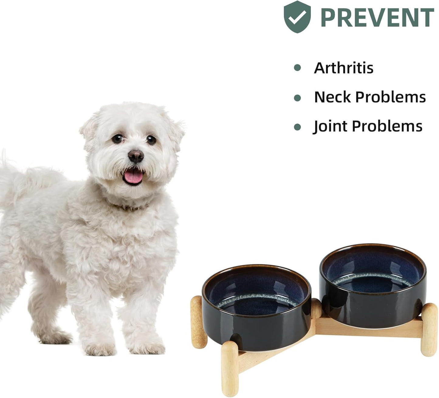 Ceramic 5.1inch Raised Double Bowls Set with Wooden Stand, Elevated Food & Water Bowls for Small Breed Dogs, Cats, Kitty, Weighted Dog Dishes, Pet Bowls(13.5oz, Starry Sky)