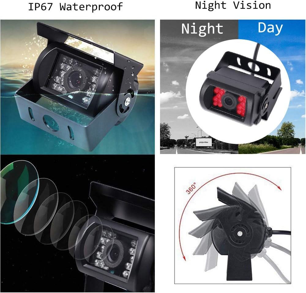 Vehicle Backup Camera Wired Backup Camera 9 Inch 4 Split Monitor with 2 x Front View Cameras 2 x Rear View Cameras with 170° 18 IR Night Vision IP 67,12-35V, Suitable for Trucks,Buses, SUVs,Trailers