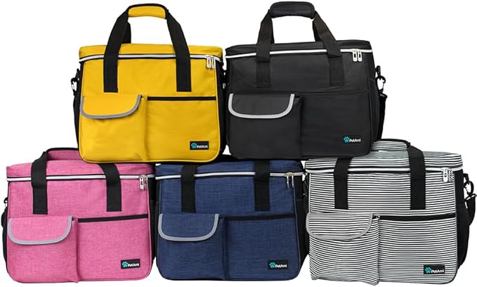 PetAmi Dog Travel Bag - Travel Pet Organizer with Food Container and Bowls, Perfect for Weekend Camping, Cat Diaper Bag (Stripe Black, Medium)