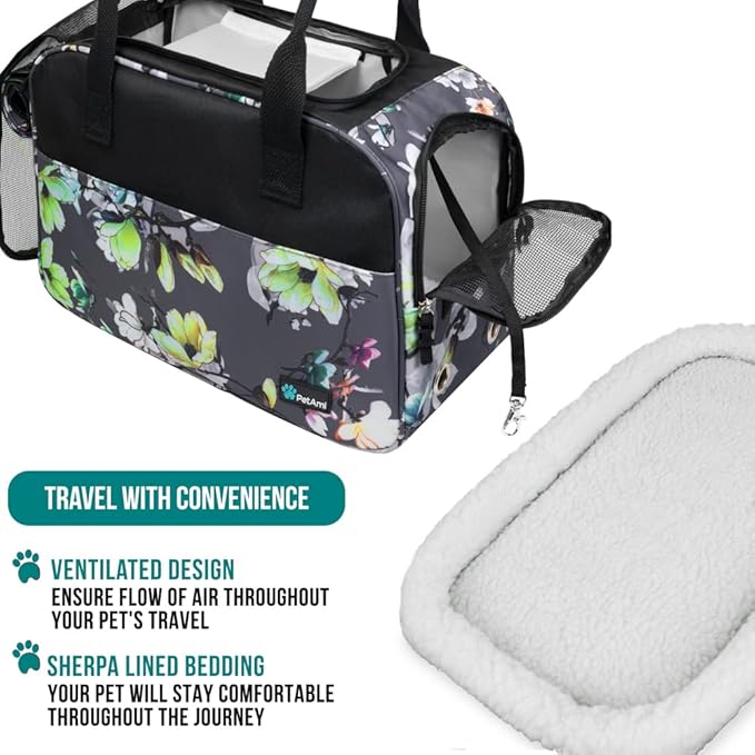 PetAmi Dog Purse Carrier for Small Dogs, Airline Approved Soft Sided Pet Carrier with Pockets, Ventilated Dog Carrying Bag for Puppy Cat, Dog Travel Supplies Bag, Sherpa Bed, Max 12 lbs, Floral Gray