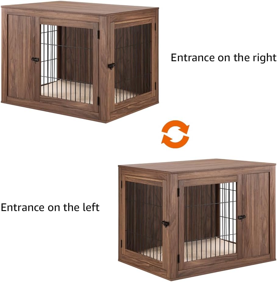 unipaws 38.5 Inch Furniture Style Dog Crate for Medium Large Dogs, Indoor Aesthetic Dog Stuff Kennel, Modern Decorative Wood Wire Cage, Pretty Cute End Side Table Nightstand, Walnut