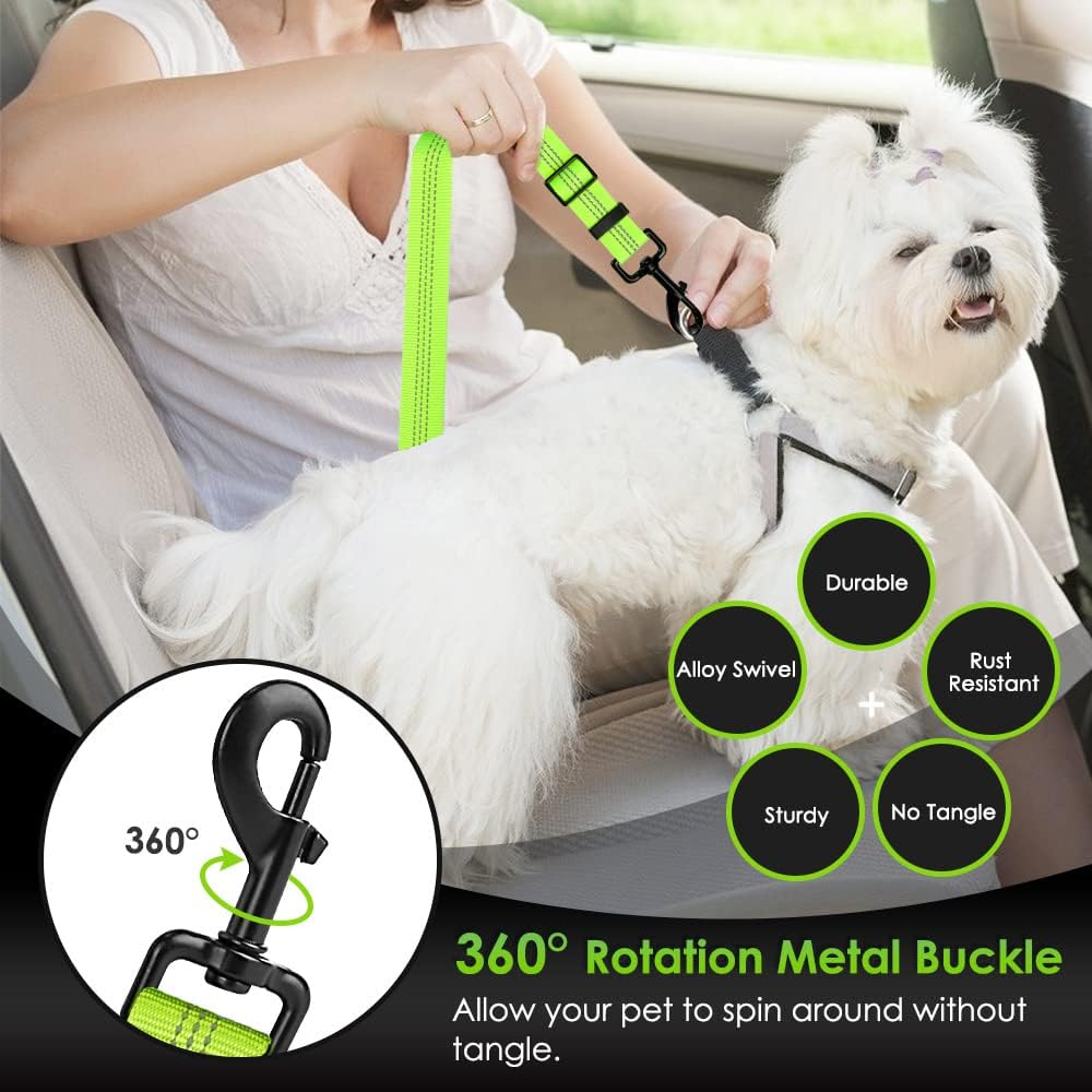 SlowTon Dog Seat Belt, Adjustable Dog Safety Belt Leash, 2 in 1 Latch Bar Attachment Dog Car Seatbelt with Elastic Nylon Bungee Buffer, Reflective Nylon Belt Tether (Lime)
