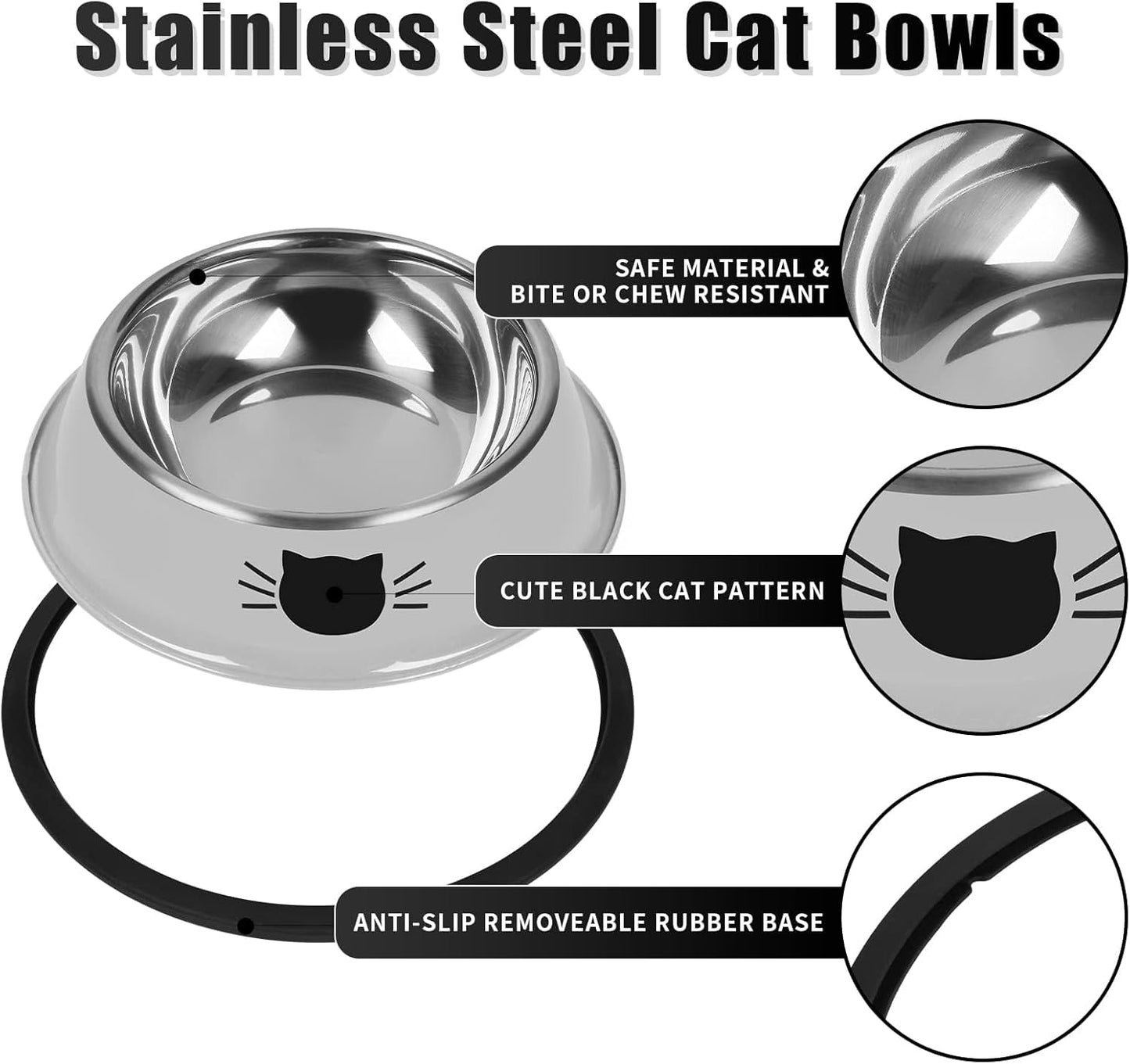 2 Pcs Non-Slip Stainless Steel Small Cat Food Bowls - Unbreakable, 7 Oz, Removable Rubber Base, Easy to Clean, Lovely Color