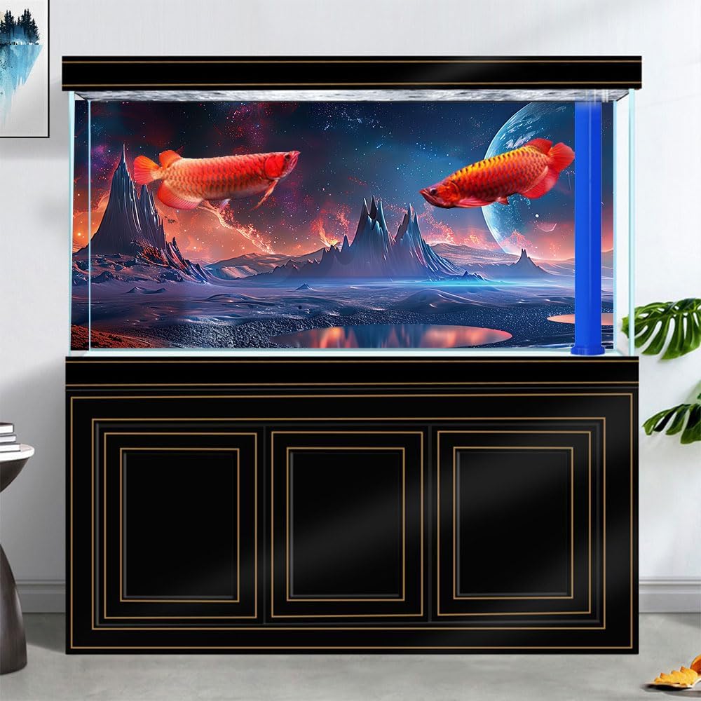 Scarlet Cosmic Aquarium Background,Cool Galaxy Parallel Space Themed Fish Tank Background, Tropical Desert Terrarium Background 30X12IN with 8 EVA Double-Sided Tape