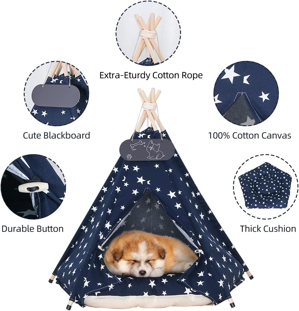 Pet Teepee Tent for Dogs & Cats Dog Bed with Thick Cushion Puppies Play House Removable and Washable 20x20x24Inch