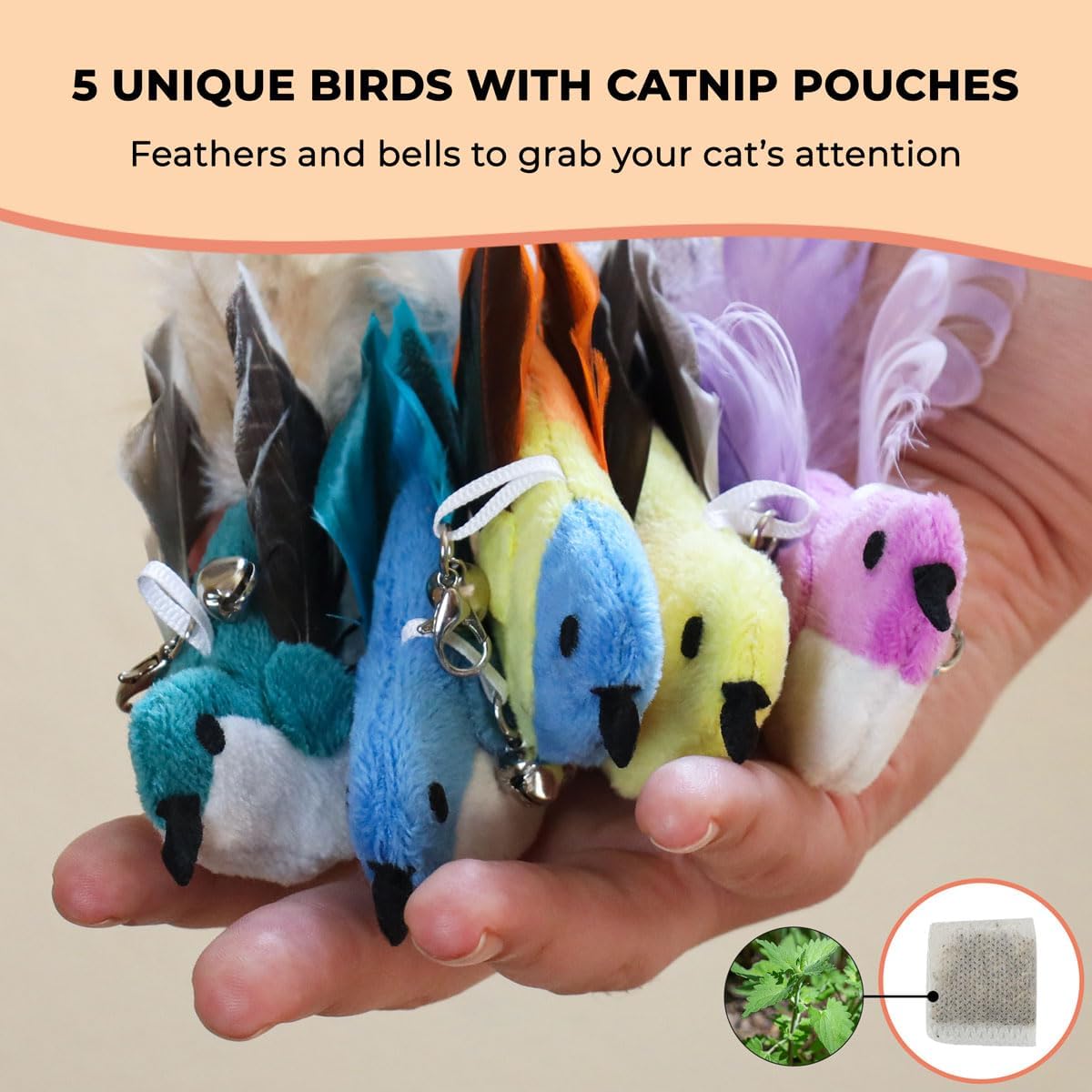 Interactive Catnip Bird Toy Set, Interactive Cat Toys for Indoor Cats, Cat Feather Toy, Suction Cup, Weighted Base, 5 Replacement Birds, Feathers & Bells, Realistic Bird Impression