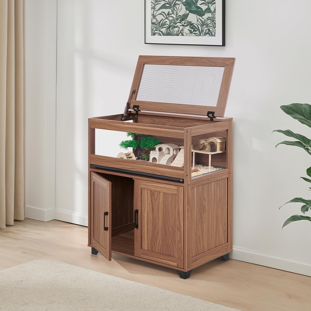 unipaws Hedgehog Cage with Storage Cabinet, Hamster Cage for Rat and Guinea Pigs, Clear Transparent PVC Visual Small Animal Cage with Tray, Hamster Enclosure, Walnut