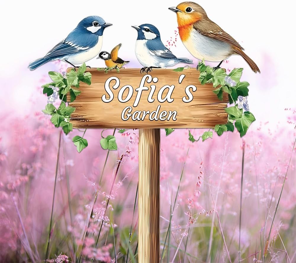 Personalized Colorful Bird Metal Sign with Stake,Custom Gardener Last Name Signs Outdoor Decorate,Customized Garden Accessories Decor for Mother,Birds on the Branch Plaques for Patio Lawn Porch Yard