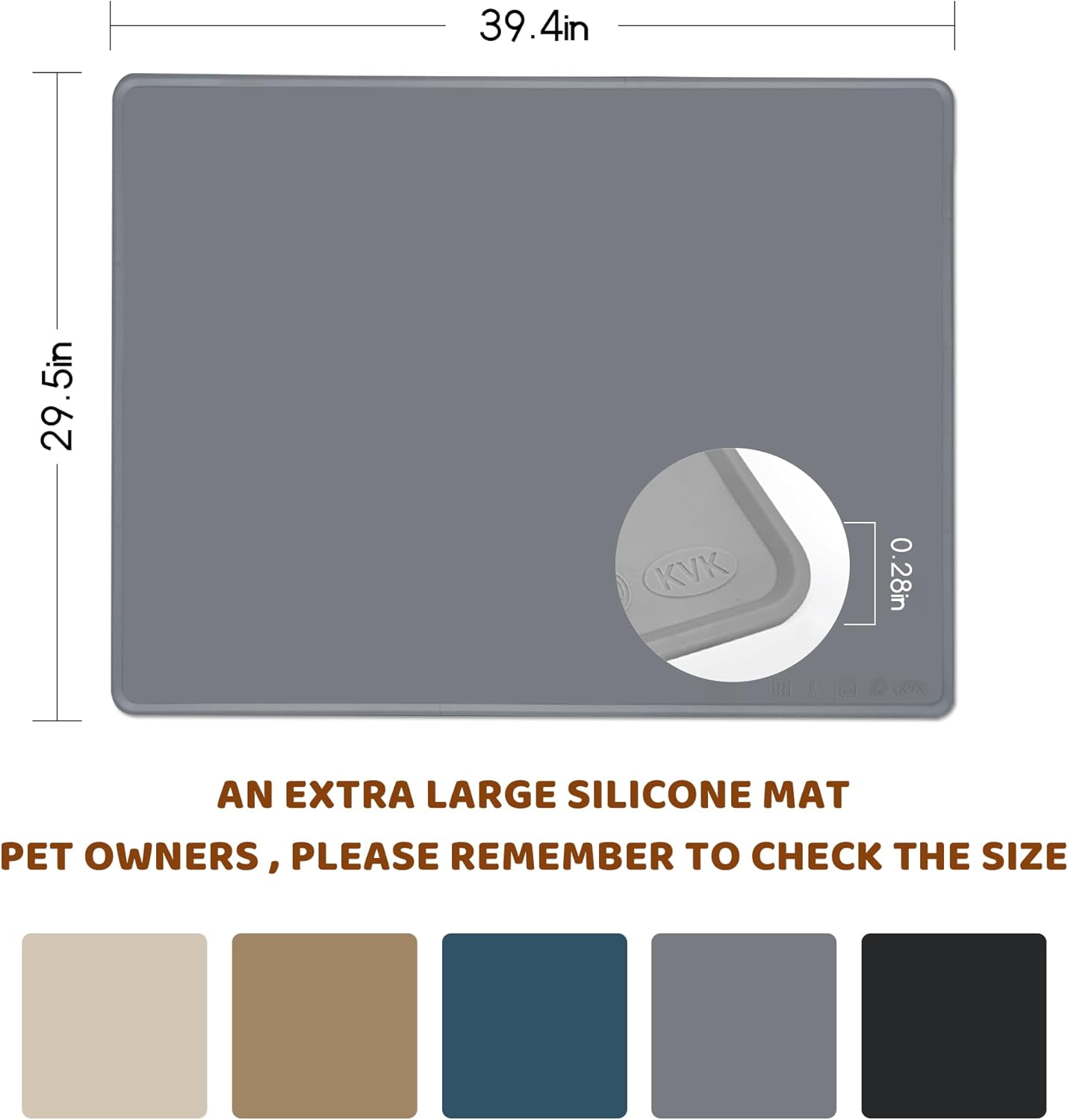KVK Dog Food Mat, 39.4×29.5in Extra Large Silicone Pet Feeding Mat - Waterproof, Non - Slip, Chew - Resistant for Food & Water, Protect Floors (Light Gray)
