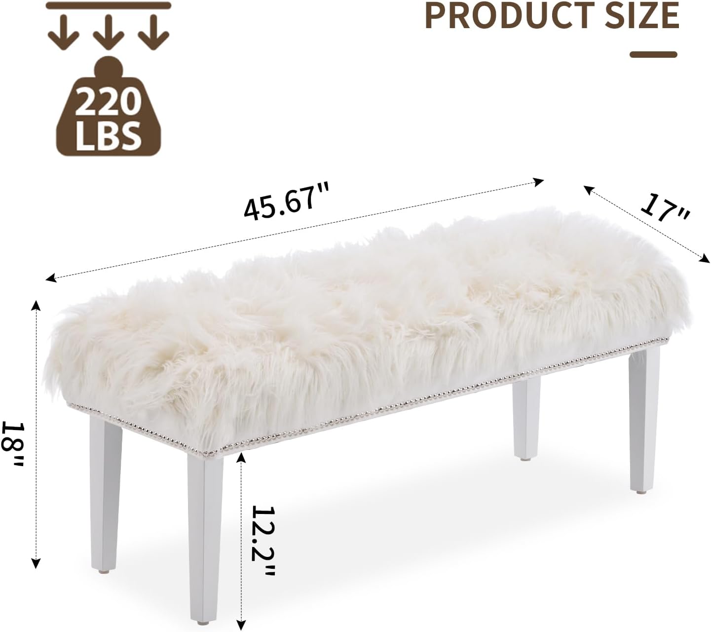 46 Inch White Bedroom Bench, Modern Multi-Purpose Bench with Wooden Legs, White Faux Fur Upholstered Bench for Bedroom, Living Room, or Entryway