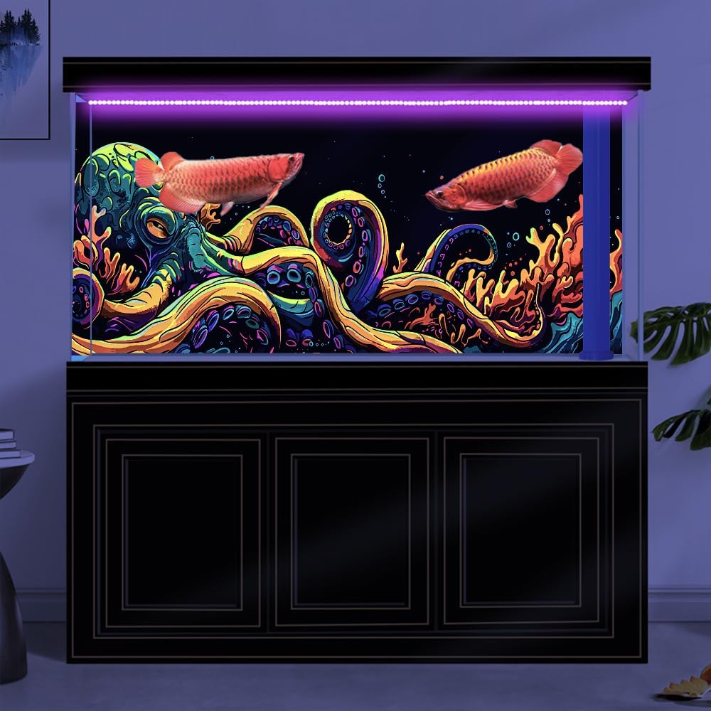 48X20IN Blacklight Octopus Sea Monster HD 3D Black Light Aquarium Background UV Reactive Background Terrarium Background with 10 EVA Double-Sided Tape