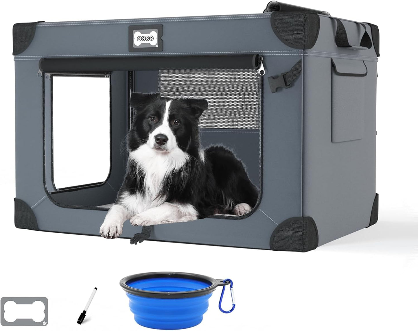 36 Inch Soft Dog Crates, Portable Travel Crate for Large Dogs, 3-Door Foldable Soft Kennel with Mesh Windows for Indoor & Outdoor Travel, with Blanket and a Foldable Bowl