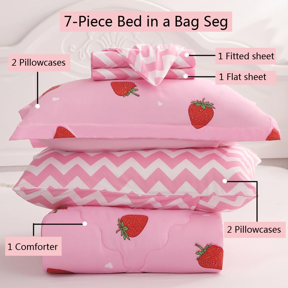 Strawberry Comforter Bedding Set Full Size for Girls 7 Piece Pink Kawaii Comforter Set Bed in A Bag for Kids Teens All Season (1 Comforter,1 Flat Sheet,1 Fitted Sheet and 4 Pillow Sham)