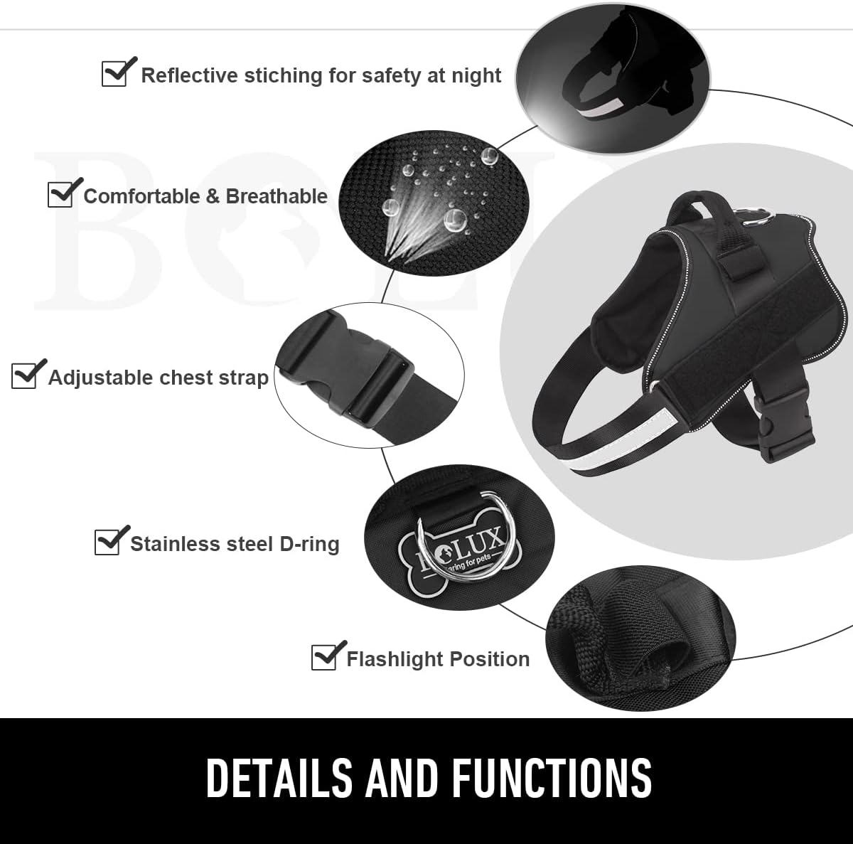 Bolux Dog Harness, No-Pull Reflective Dog Vest, Breathable Adjustable Pet Harness with Handle for Outdoor Walking - No More Pulling, Tugging or Choking (Black, S)