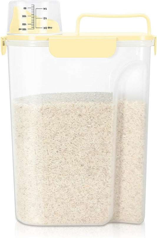 TBMax Airtight Rice Container 10 Lbs, Cereal Dispenser, Travel Pet Cat Dog Food Storage Container, Plastic Kitchen Pantry Food Storage Holder with Cup -Light Yellow