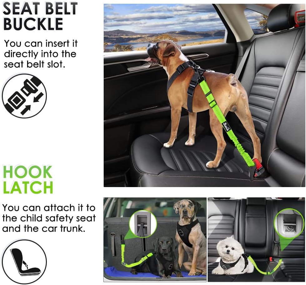 SlowTon Dog Seat Belt, Adjustable Dog Safety Belt Leash, 2 in 1 Latch Bar Attachment Dog Car Seatbelt with Elastic Nylon Bungee Buffer, Reflective Nylon Belt Tether (Lime)