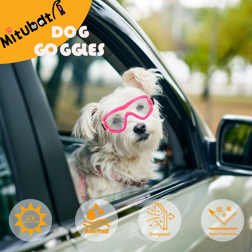 Dog Goggles Small Breed Dog Sunglasses with Adjustable for UV Protection Eyewear Doggy Doggie Puppy Glasses Anti-Fog Wind Dust Snowproof (Pink Frame Transparent Lens)