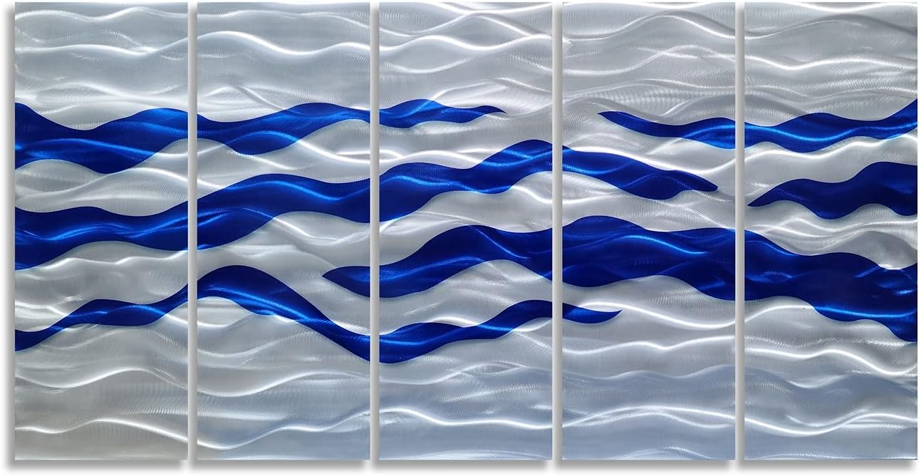 SYGALLERIER Abstract Coastal Metal Wall Art Handcrafted Big 3D Blue and Silver Artwork Modern Sea Waves Pictures Contemporary Sculpture for Living Room Bedroom Bathroom Decor