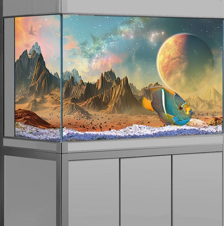 Cosmic Aquarium Background,Cool Galaxy Parallel Space Themed Fish Tank Background, Tropical Desert Terrarium Background 36X20IN with 8 EVA Double-Sided Tape