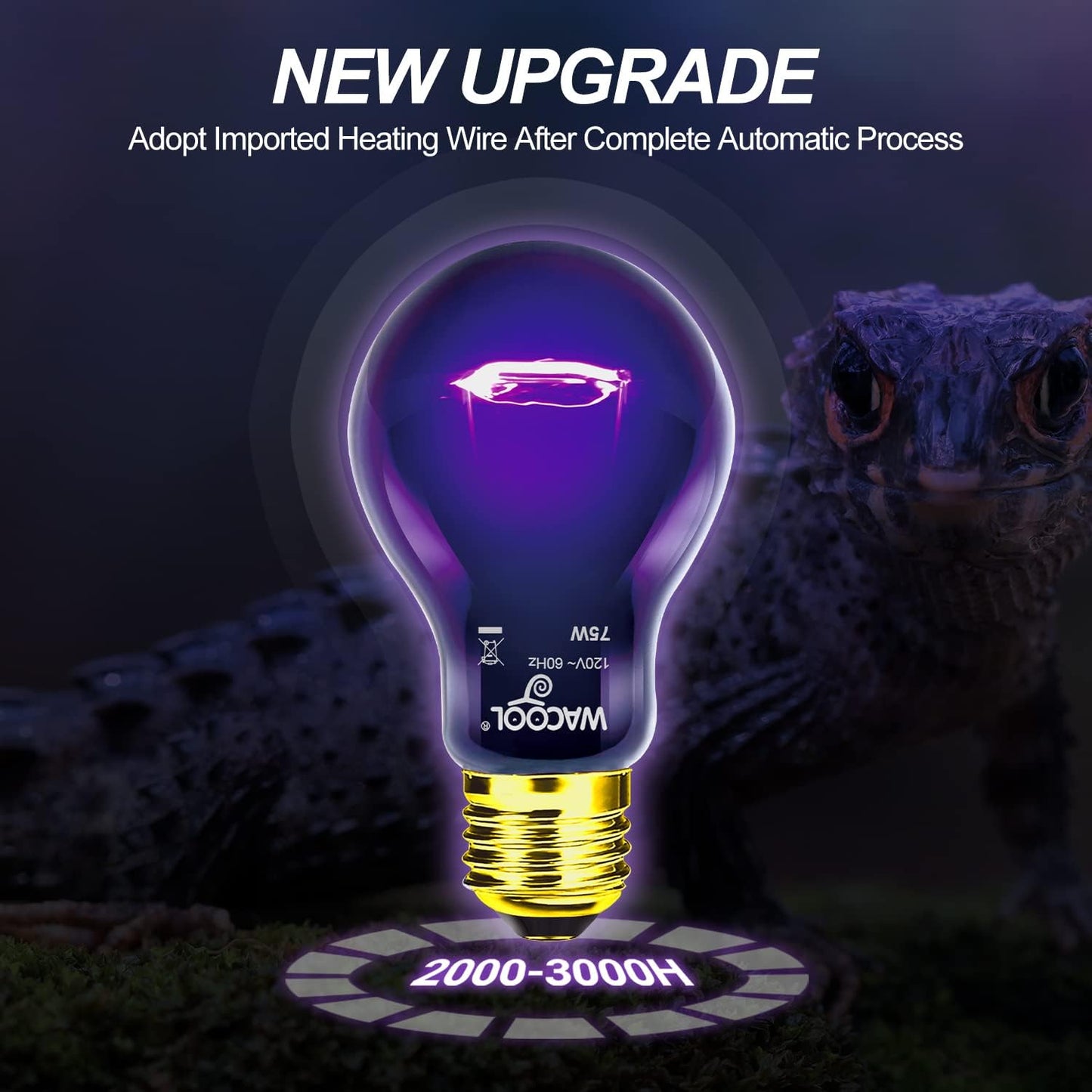 WACOOL 2Pack Reptile Night Heat Lamp, 75W Night Heat Lamp for Reptiles & Amphibians,Simulate Nature Moonlight Purple Night Light for Bearded Dragon Lizard Snake Crab