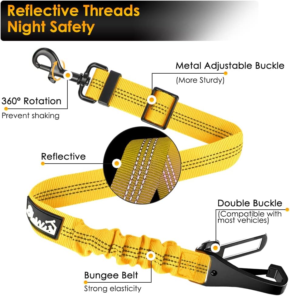 SlowTon Dog Harness, Adjustable Dog Seatbelt, 2 in 1 Latch Bar Attachment, Reflective Nylon Belt Tether, Yellow, 27.55in