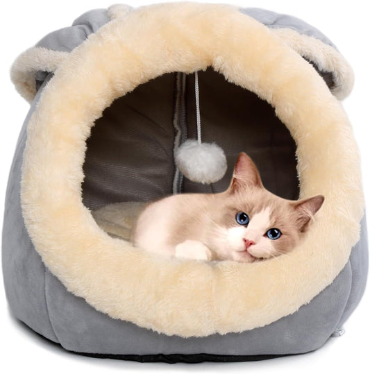 Cat Beds for Indoor Cats - Rabbit-Shaped Cat Cave Bed with Hanging Toy,Super Soft Calming Pet Bed for Kitten&Puppy,Small Dog,Warm Plush&Machine Washable&Removable Cotton Pad,Cat Hideaway(Grey L)