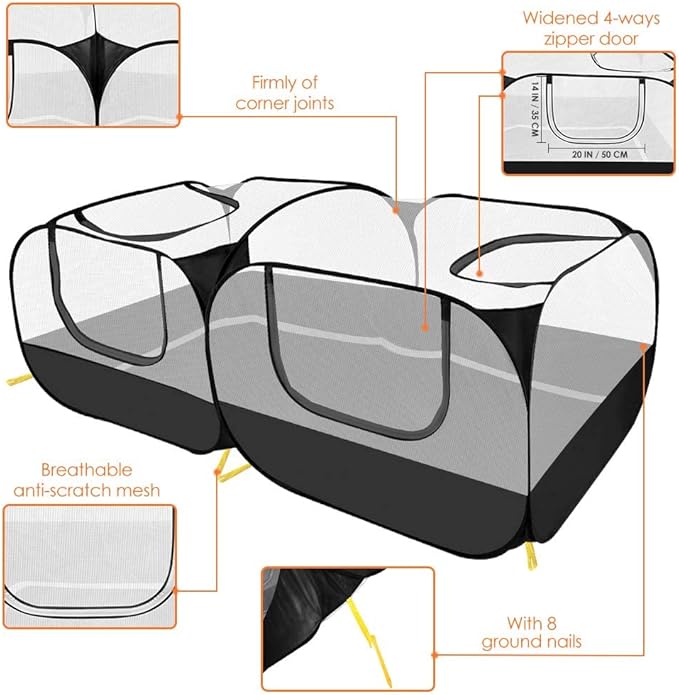 Lukovee Small Animals Playpen, Chicken Pen with Escape-Proof Detachable Bottom & 4 Zipper Doors, Breathable Foldable Portable Large Chicken Run Coop for Puppy Duck Kitten Rabbits Outdoor Yard (Black)